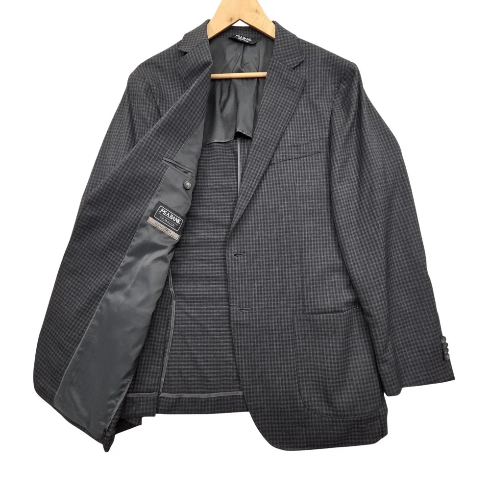 Jos A Bank Traveler Travel Tech Blazer 44L Gray Plaid Wool Blend Slim Fit Jacket